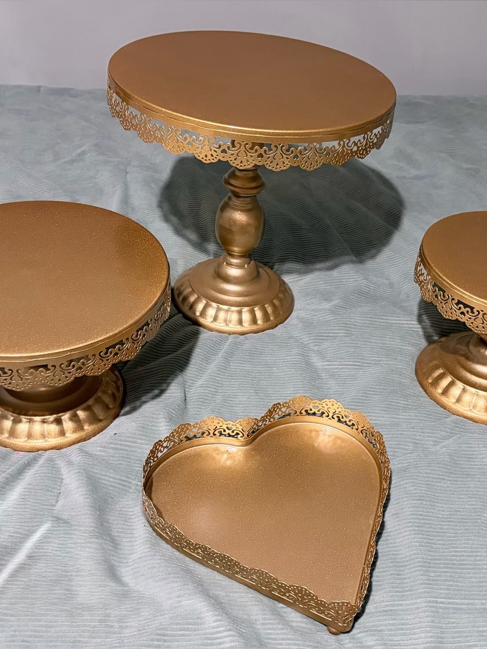 Gold Decorative 3 Cake Stands & Heart Tray Set